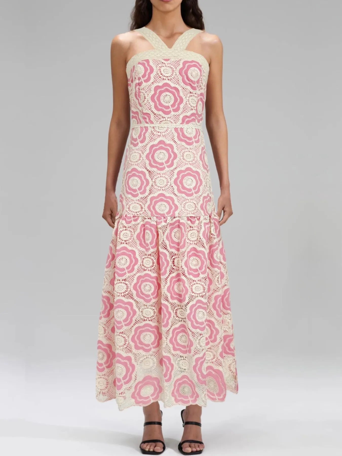 lace tiered midi dress pink and cream floral lace with crossed shoulder straps fitted bodice
