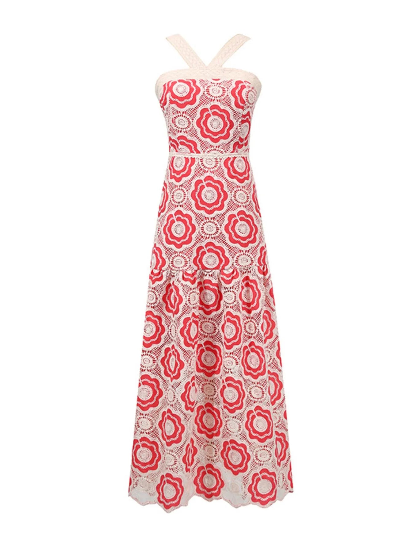 red and white floral lace tiered midi dress with halter straps fitted bodice and scalloped hem