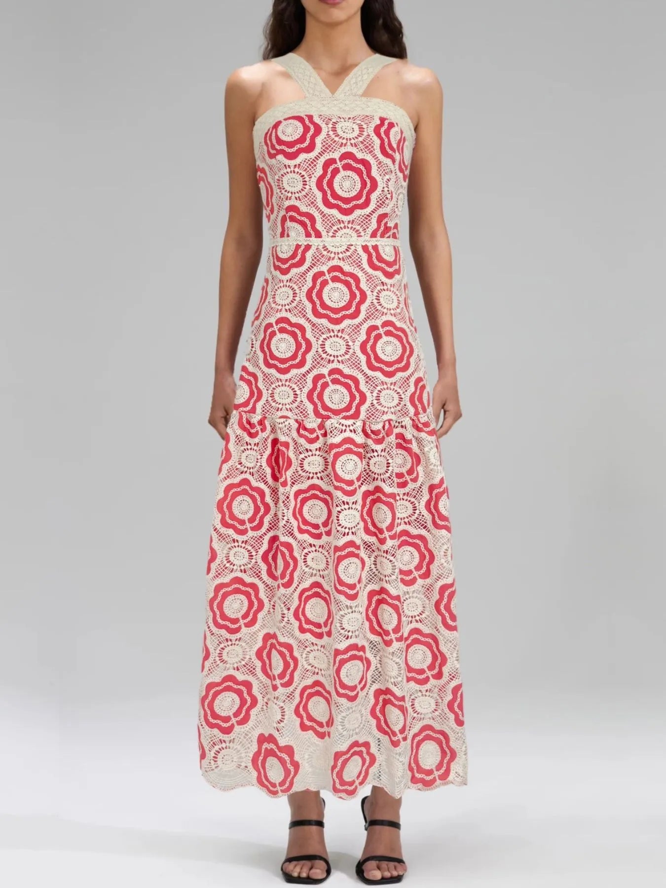 lace tiered midi dress with pink floral lace overlay halter straps and ruffled tiers