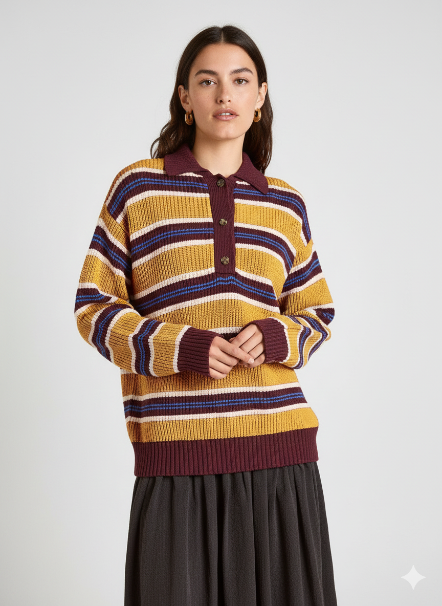Striped Button Detail Polo Collar Sweater