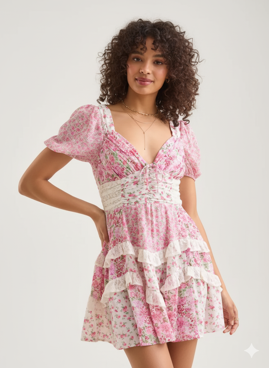 Floral Puff Sleeve Tiered Mini Dress