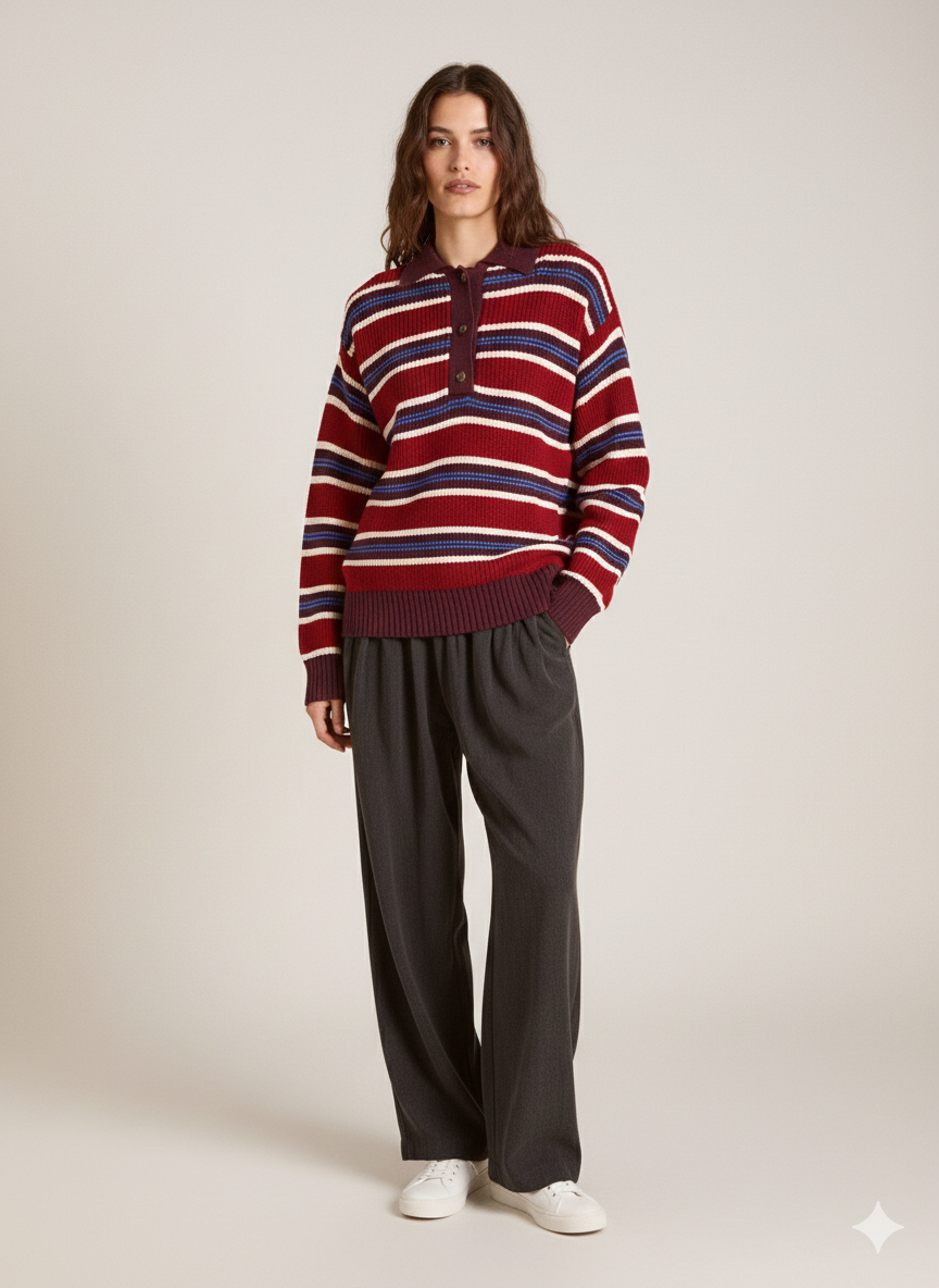 Striped Button Detail Polo Collar Sweater