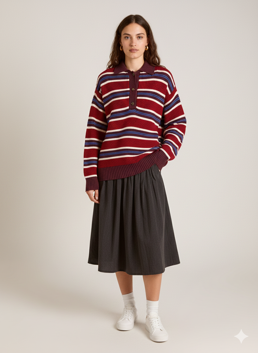 Striped Button Detail Polo Collar Sweater