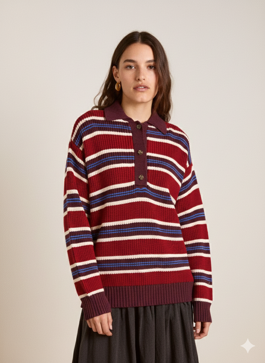 Striped Button Detail Polo Collar Sweater