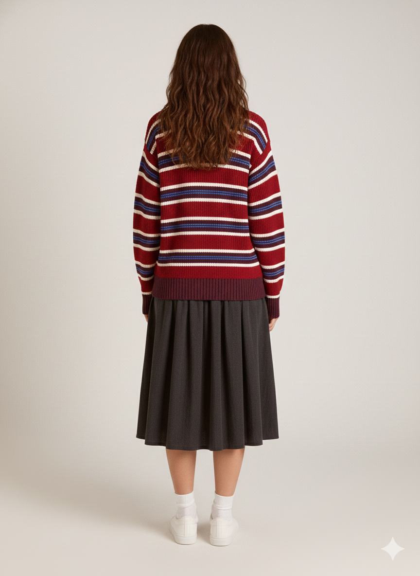 Striped Button Detail Polo Collar Sweater