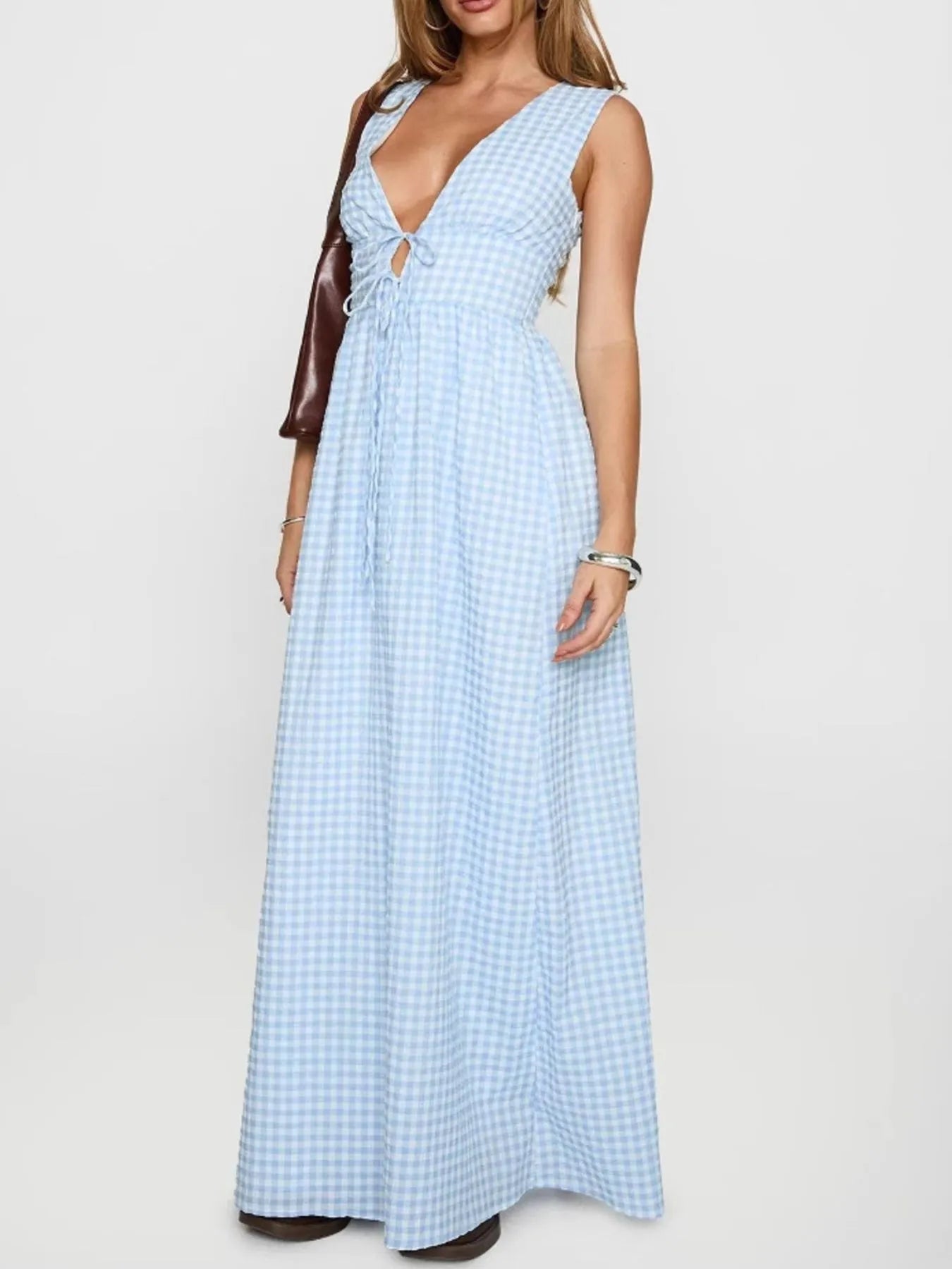 light blue plaid tie front maxi dress with deep V neckline sleeveless breezy summer floor length