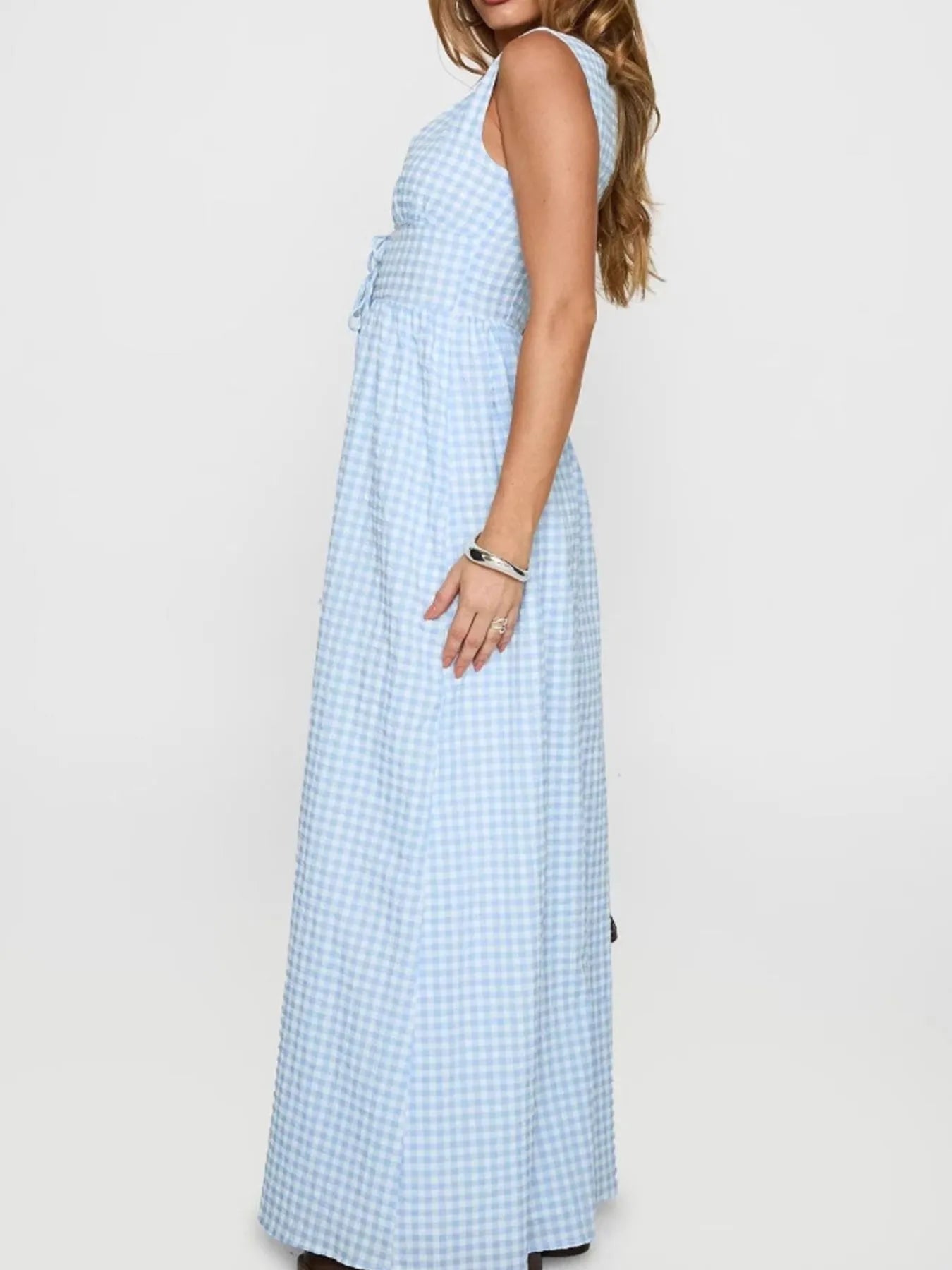light blue gingham plaid tie front maxi dress sleeveless v neck empire waist flowy summer dress