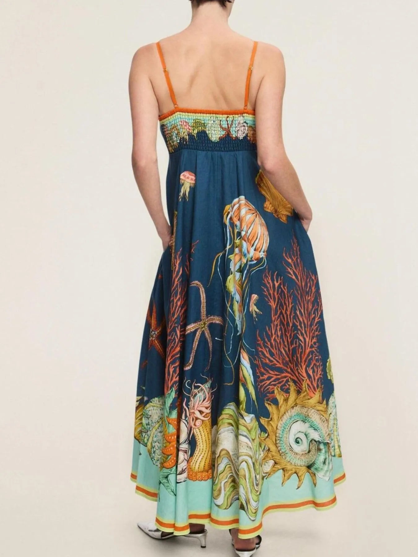 printed cami midi dress with pockets navy sea life print smocked back and thin orange straps