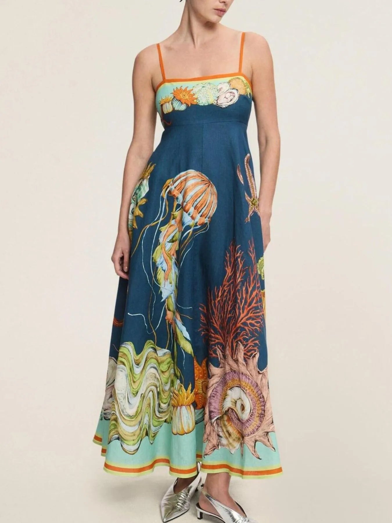printed cami midi dress with pockets ocean themed jellyfish print teal blue skirt and orange straps
