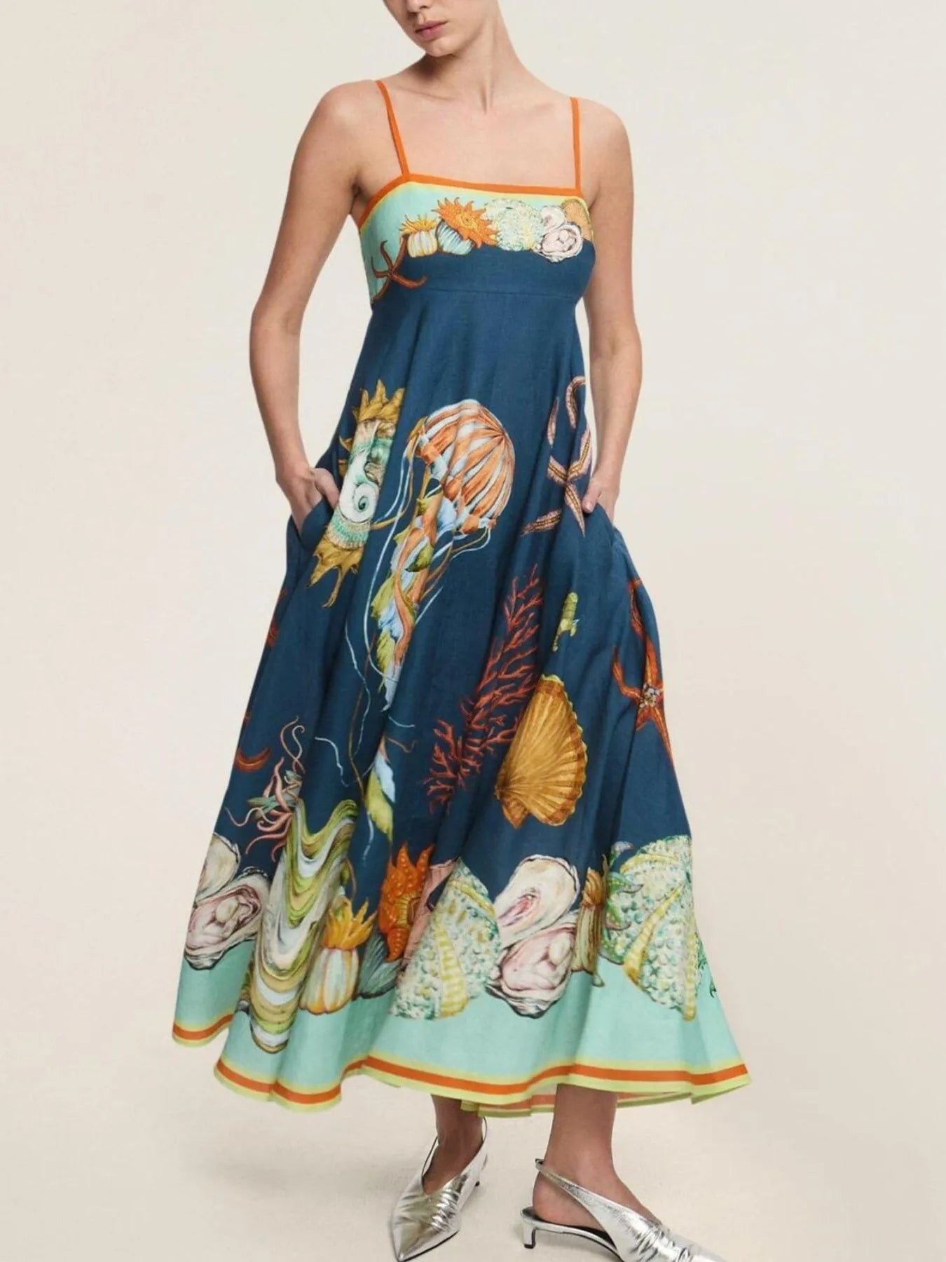 printed cami midi dress with pockets navy ocean shell print lightweight summer
