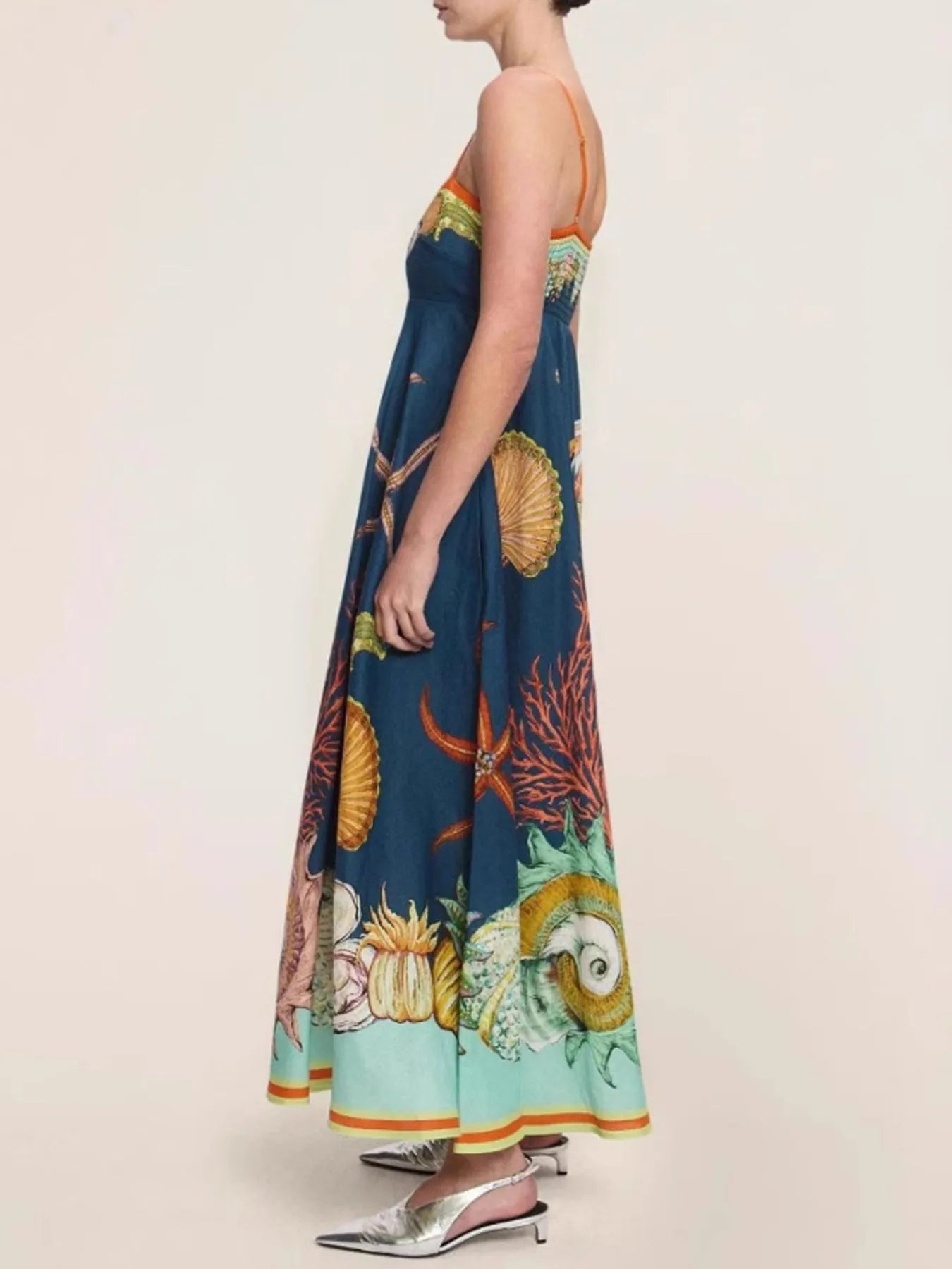 printed cami midi dress with pockets navy sea life print orange straps side view