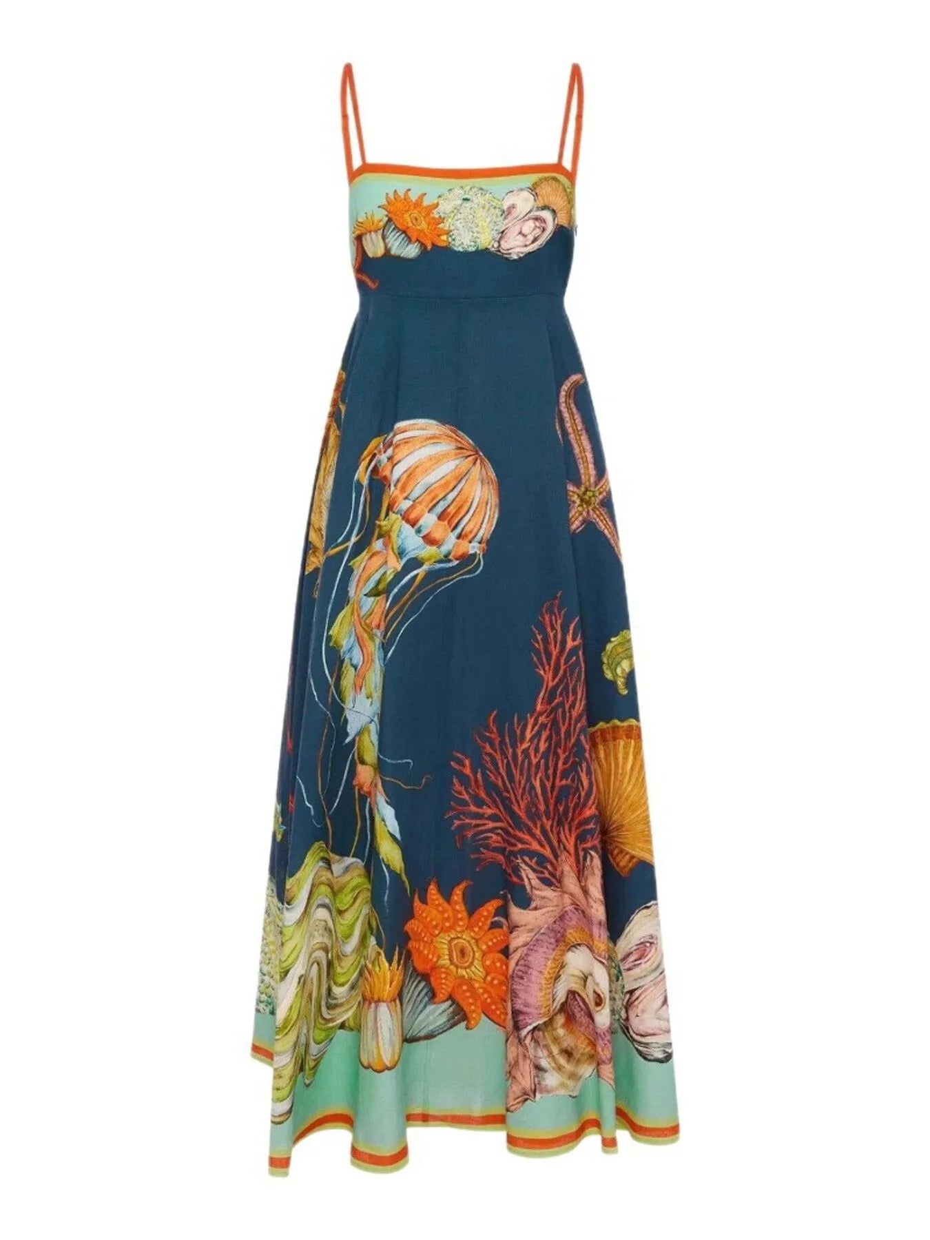 printed cami midi dress with pockets in navy ocean print with jellyfish coral shells and spaghetti straps