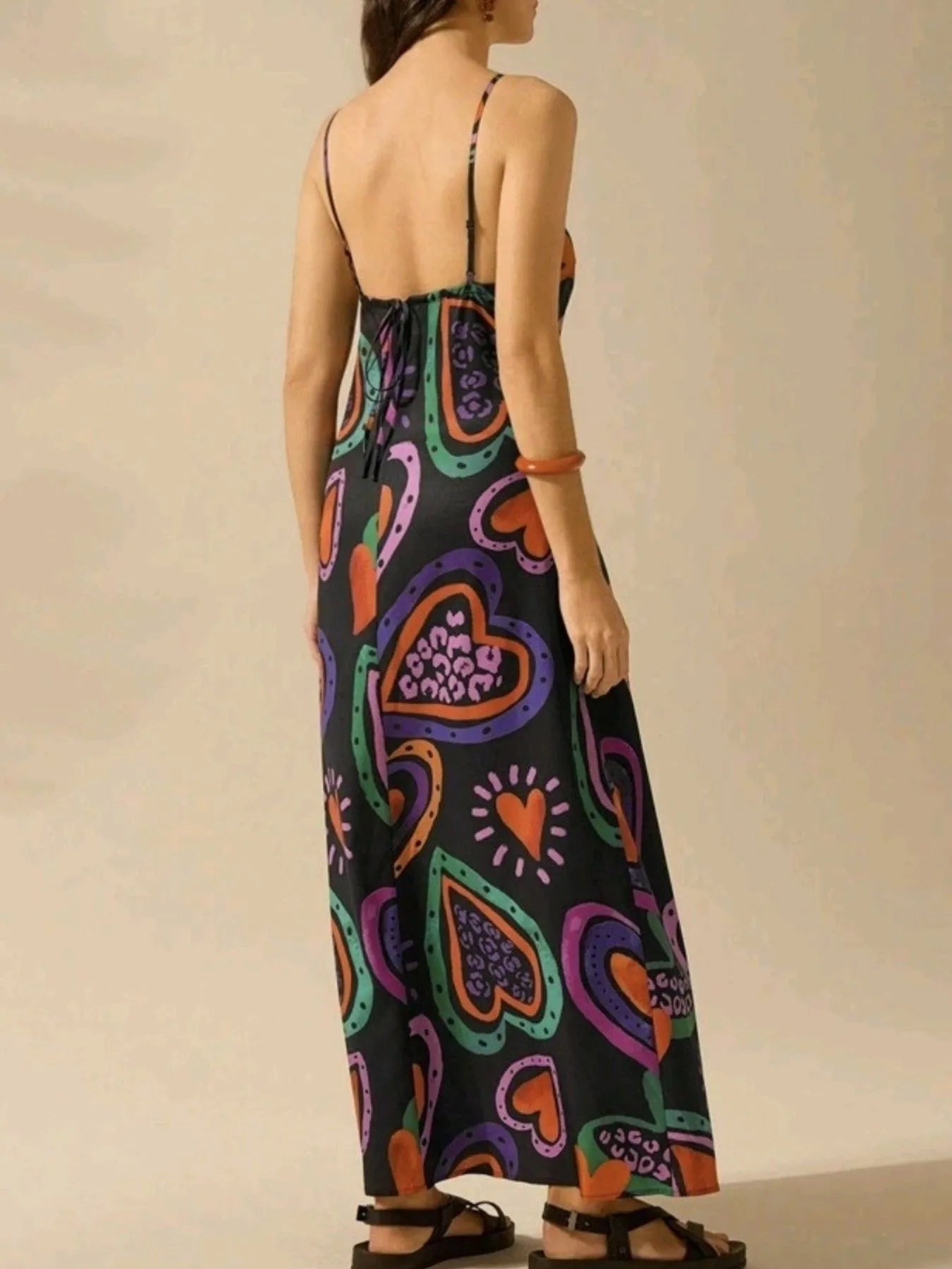 printed sleeveless maxi dress with colorful heart print low back spaghetti straps