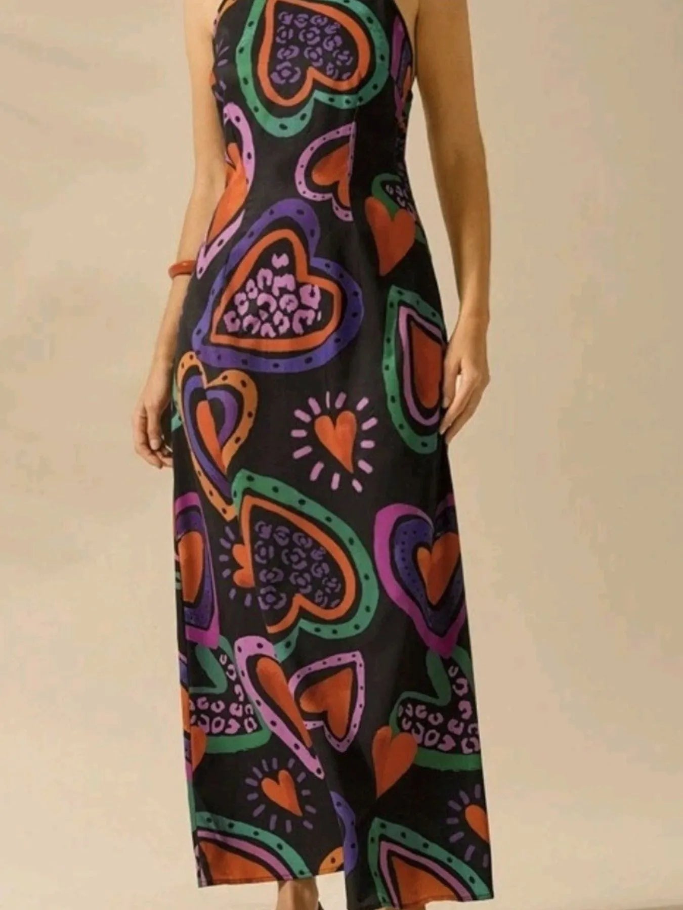 printed sleeveless maxi dress black with colorful oversized heart print and slim straps
