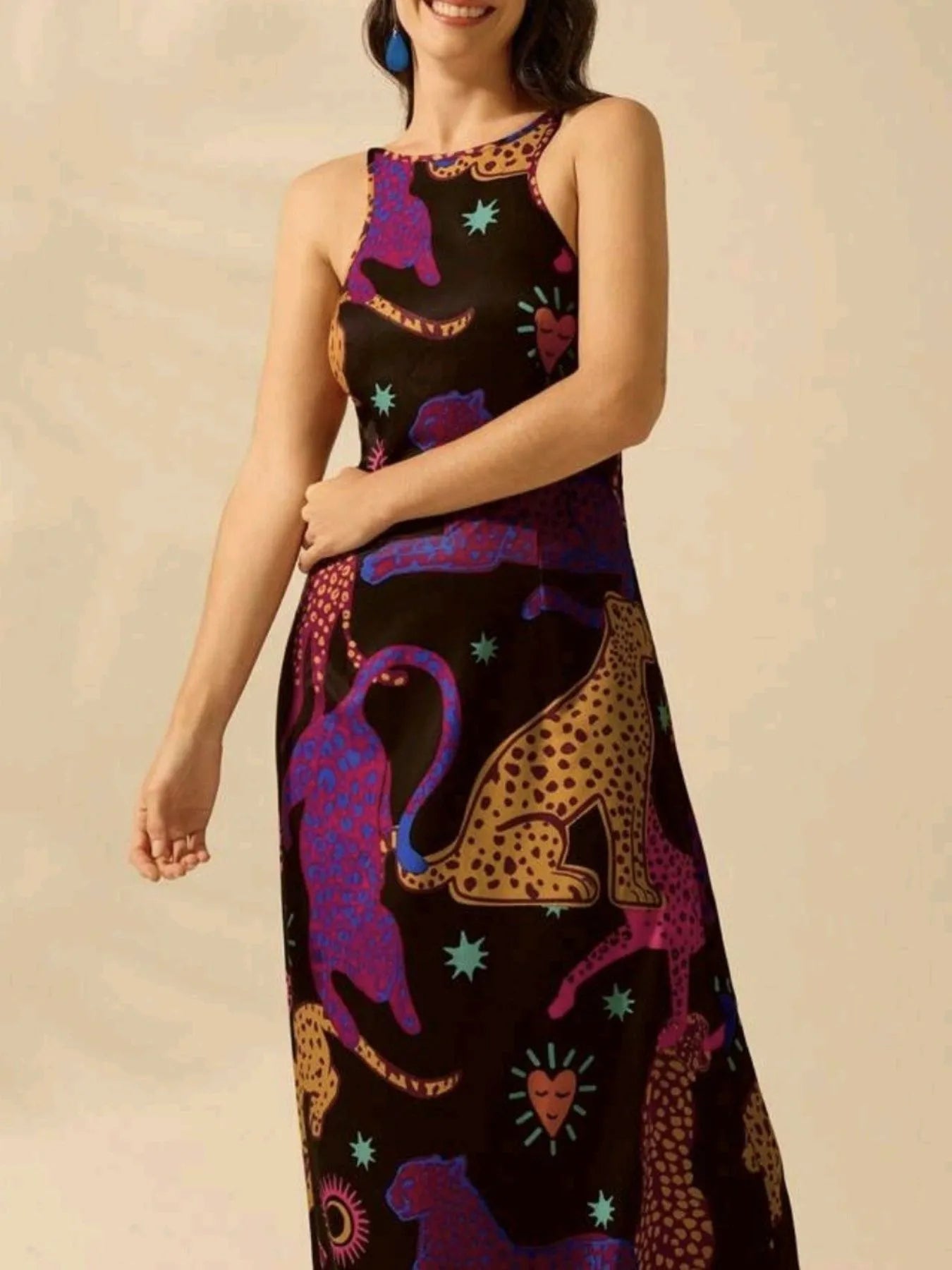 printed sleeveless maxi dress black with colorful stylized big cats hearts and stars