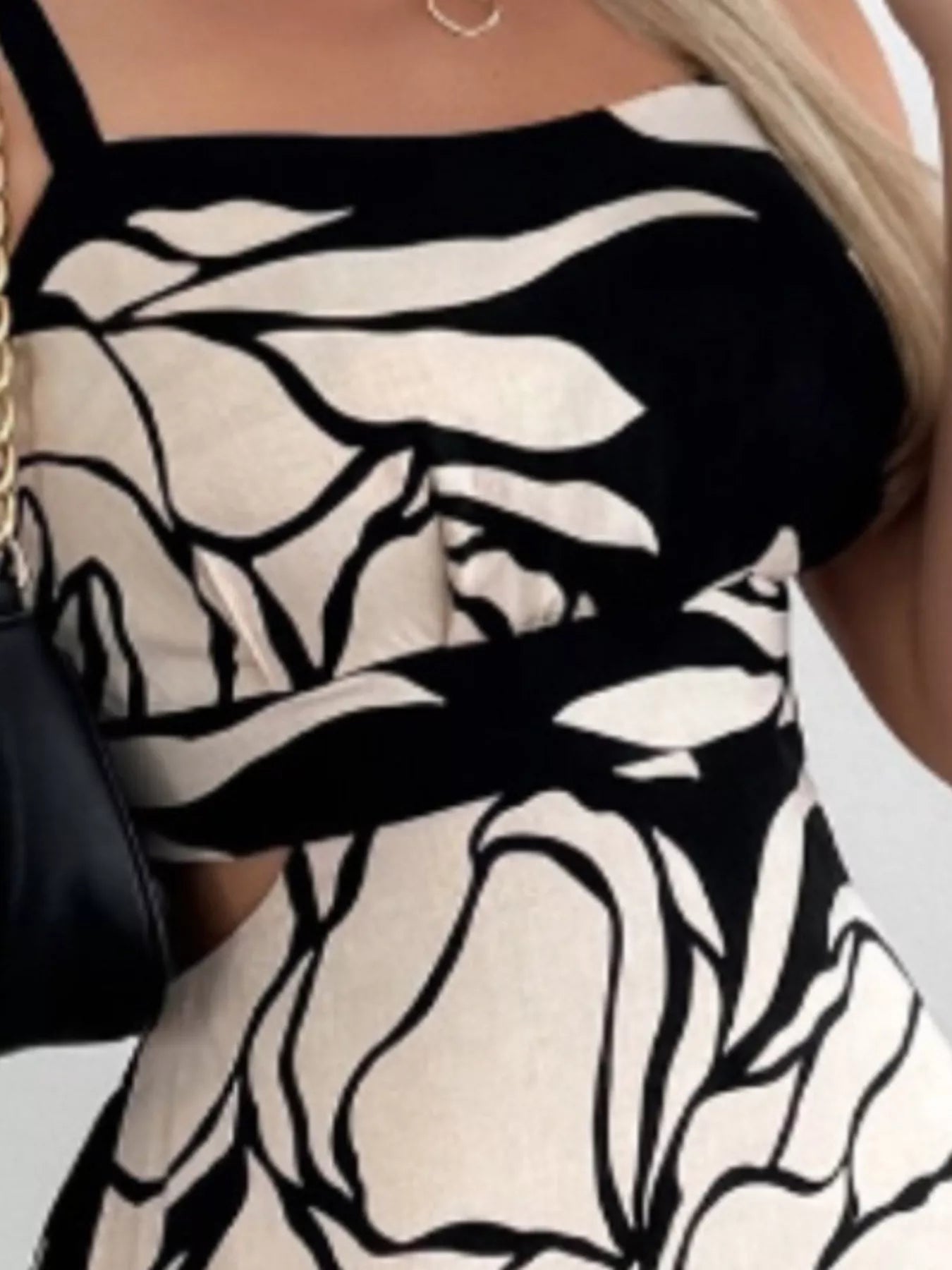 cutout back cami dress black and white abstract print with thin straps and waist cutout