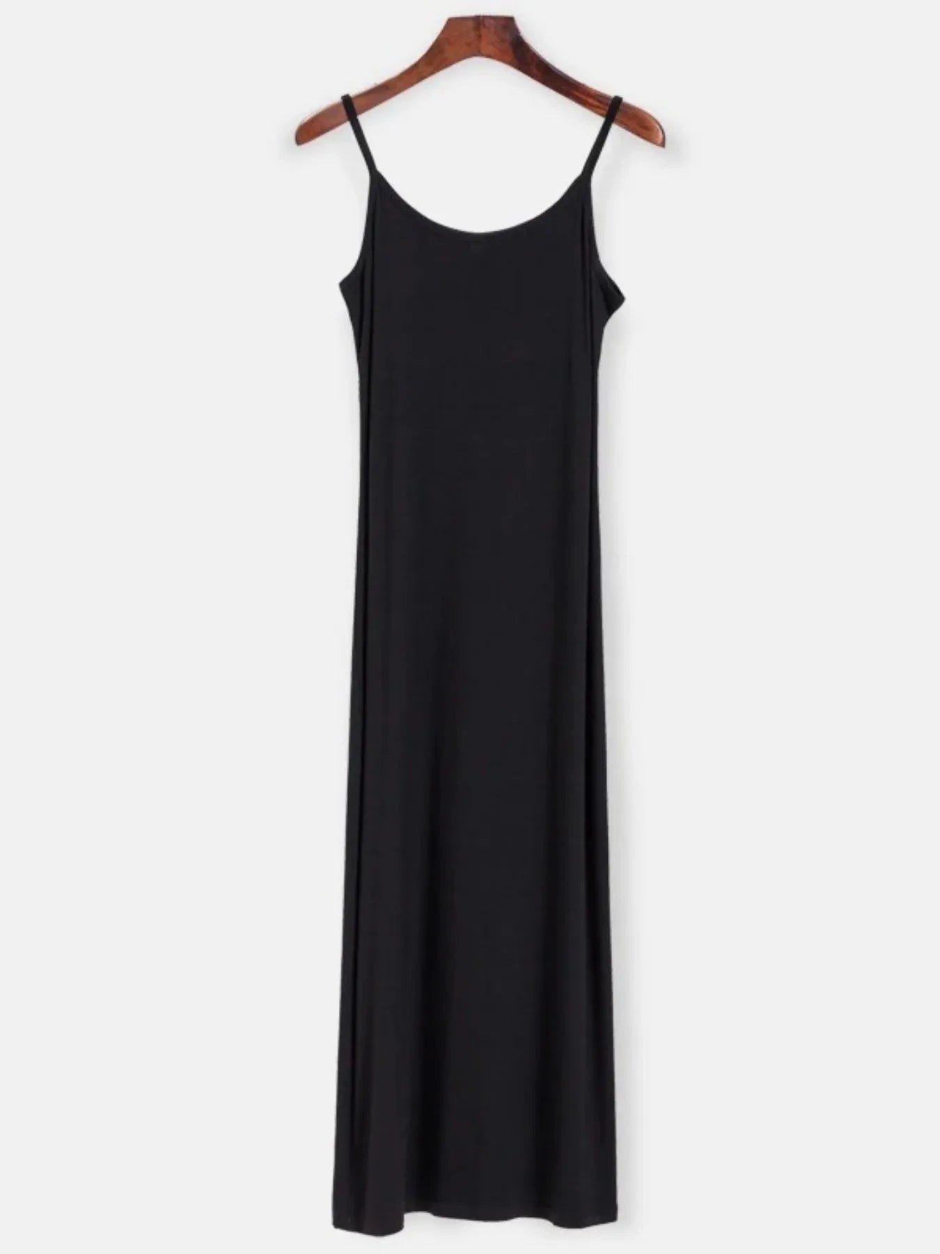 ribbed knit cami dress set black maxi cami dress on wooden hanger against white background