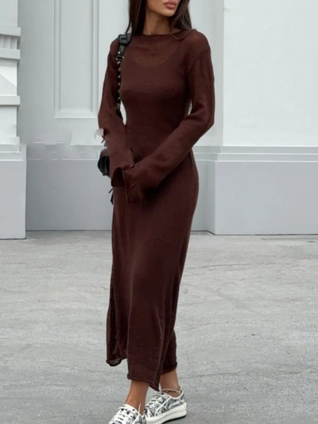 brown long sleeve sweater dress in ribbed knit styled with sneakers ribbed knit cami dress set
