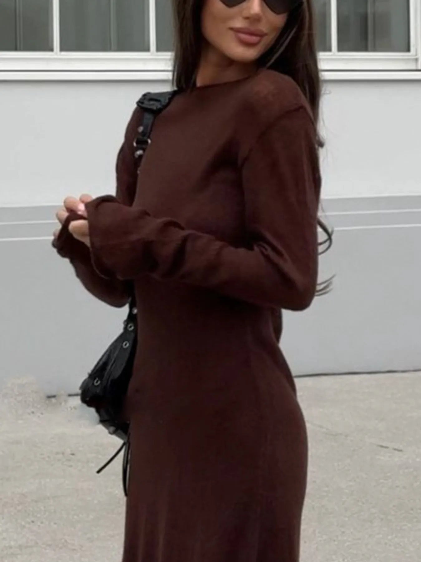 brown sweater dress on model with sunglasses and black bag ribbed knit cami dress set casual fitted long sleeve