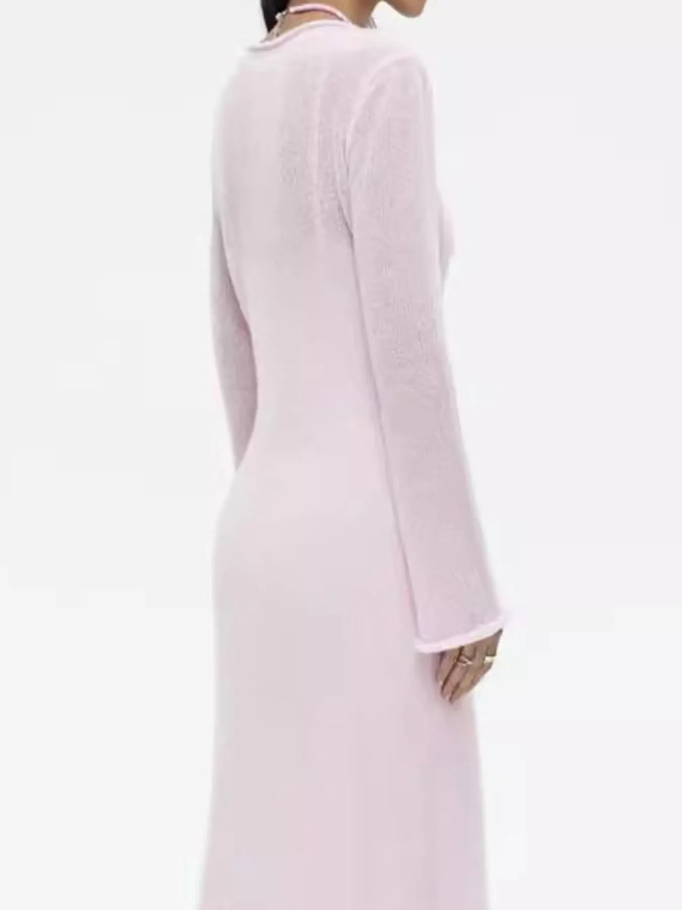 blush pink long sleeve sweater dress back view fitted silhouette ribbed knit cami dress set