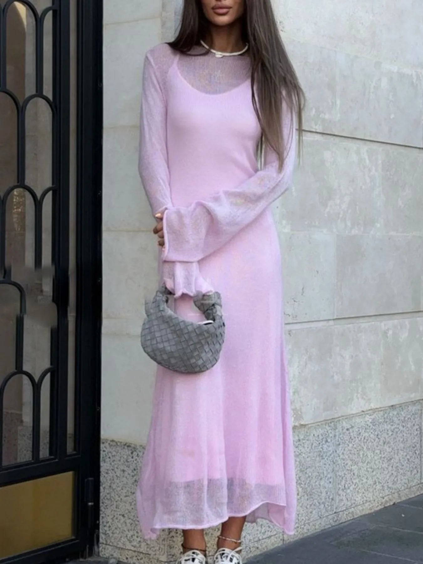 pink sweater dress with matching ribbed knit cami dress set layered long sleeves and midi length