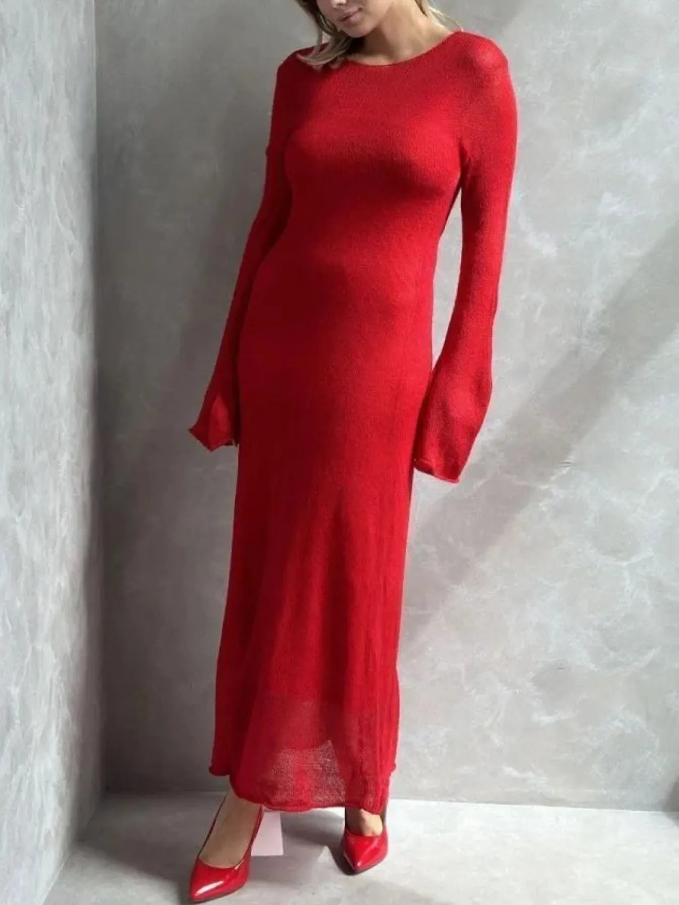 ribbed knit cami dress set styled as a long red fitted sweater dress with bell sleeves and heels