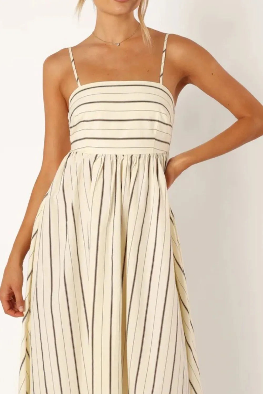 striped square neck cami dress in cream with black vertical stripes fitted bodice and gathered skirt