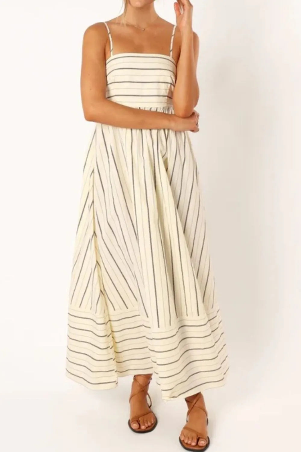 striped square neck cami dress cream with black stripes, fitted bodice, thin straps and flowy ankle length skirt