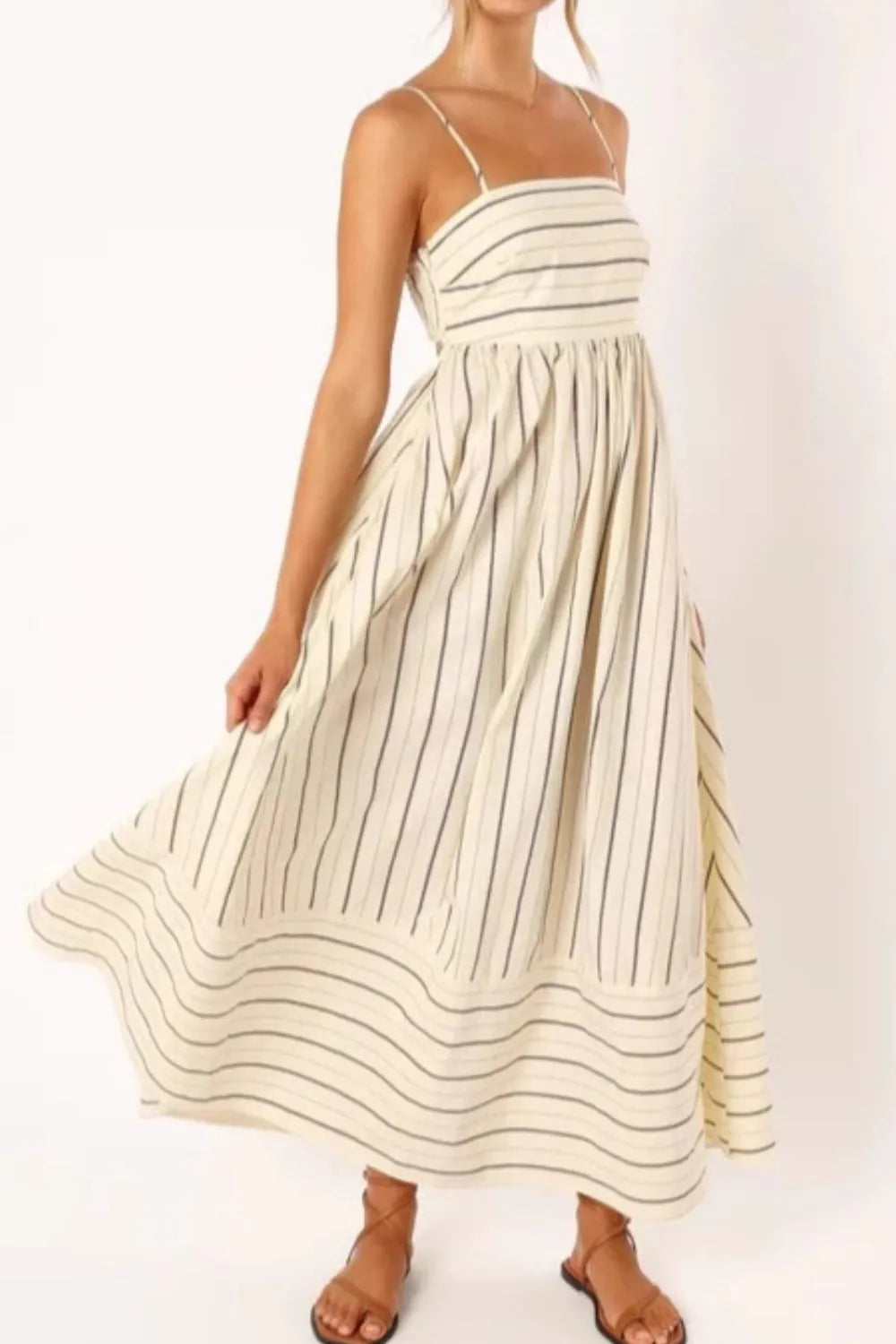 cream maxi dress with thin navy stripes square neckline spaghetti straps and gathered waist striped square neck cami dress
