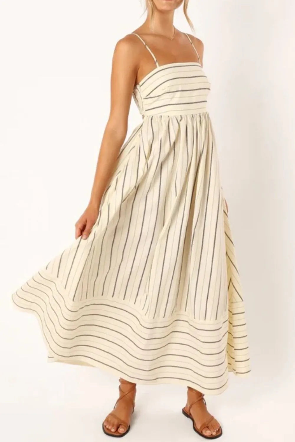 striped square neck cami dress cream with black stripes midi flowy summer sundress with thin straps