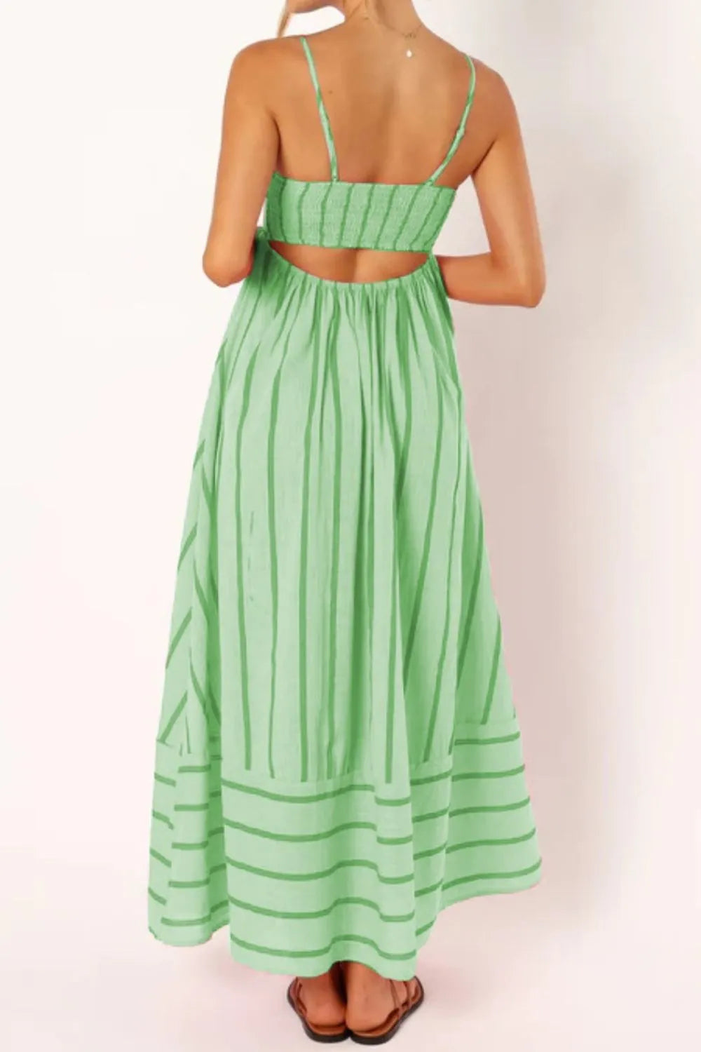 striped square neck cami dress in mint green with smocked bodice back cutout thin straps and flowy maxi skirt