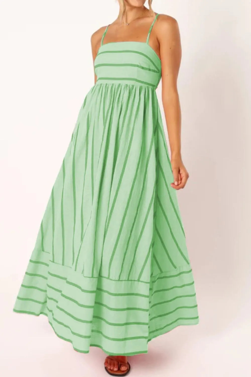 green maxi striped square neck cami dress with thin straps empire waist and flowing tiered skirt