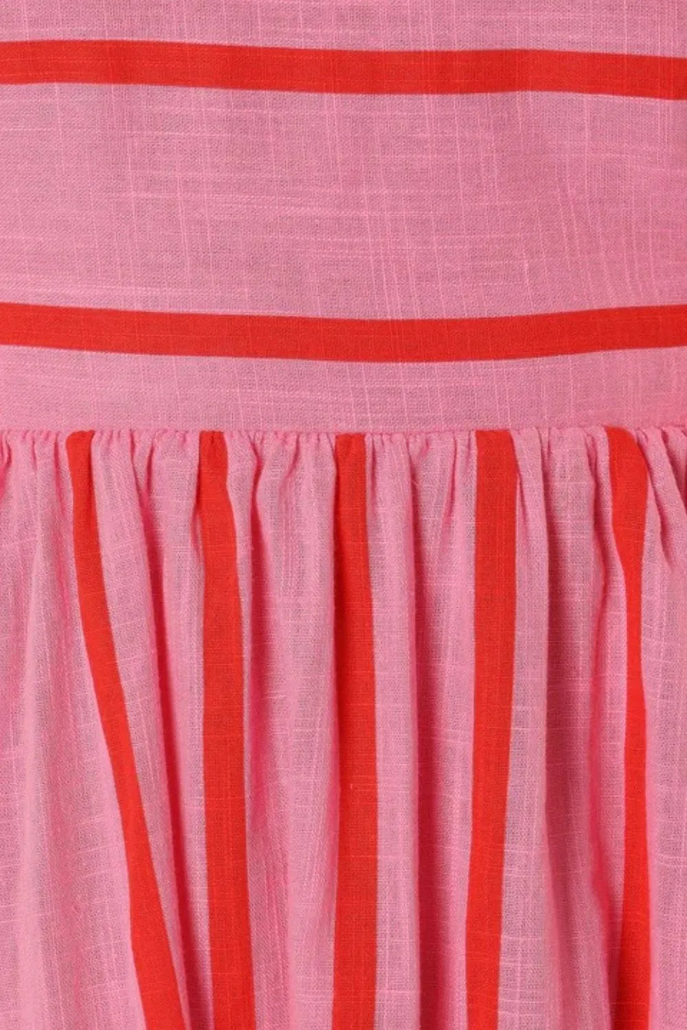 pink and red gathered bodice close up of striped square neck cami dress showing horizontal and vertical stripes