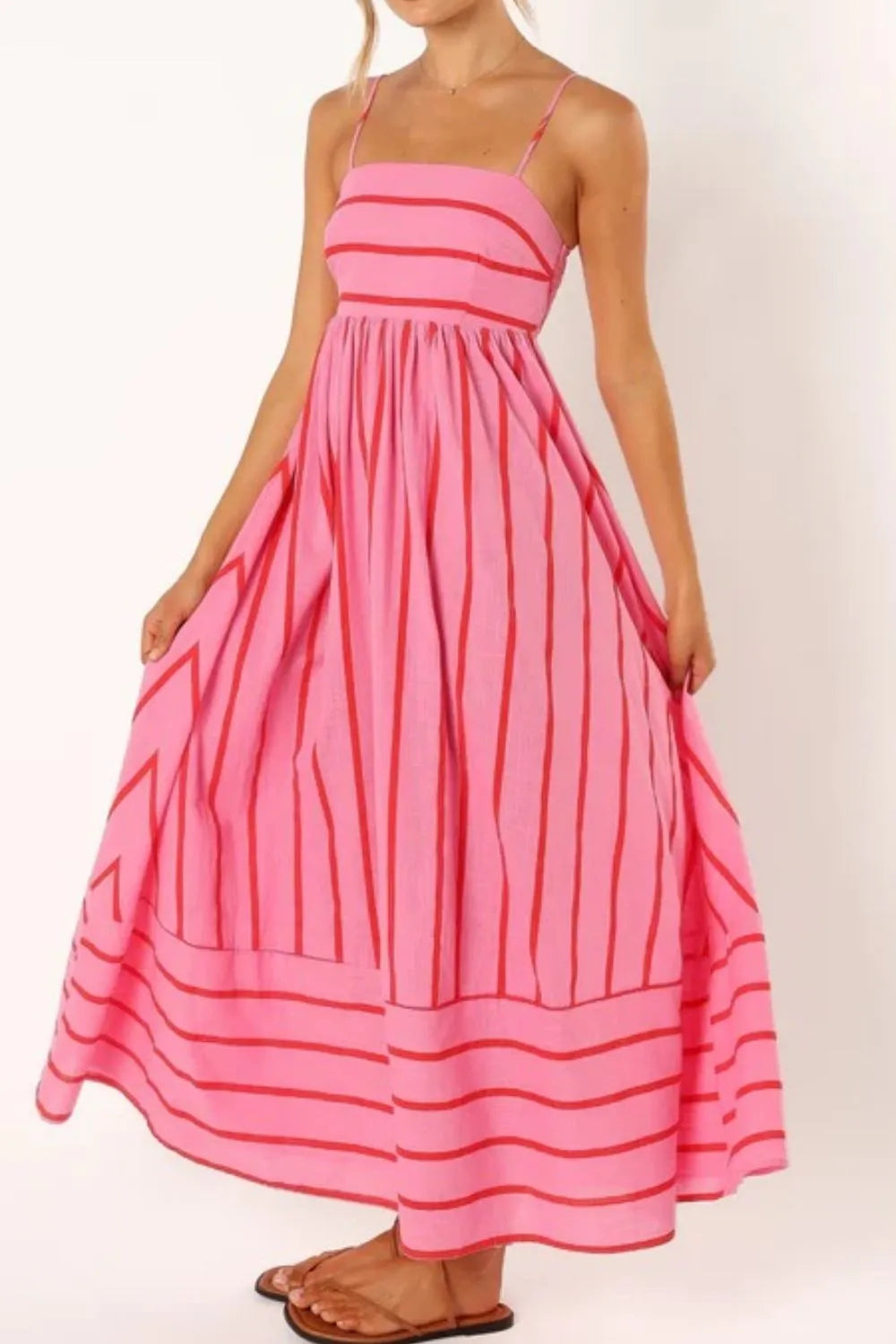 pink and red striped square neck cami dress maxi with thin straps and flowy skirt