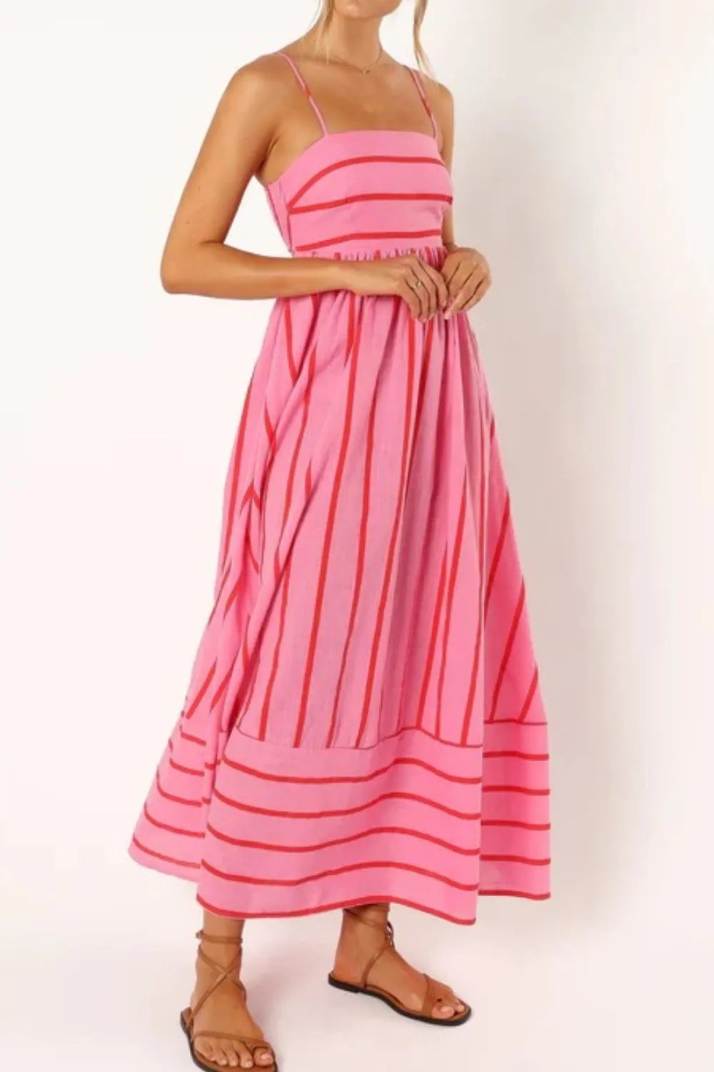 pink striped square neck cami dress with thin spaghetti straps gathered waist and midi length