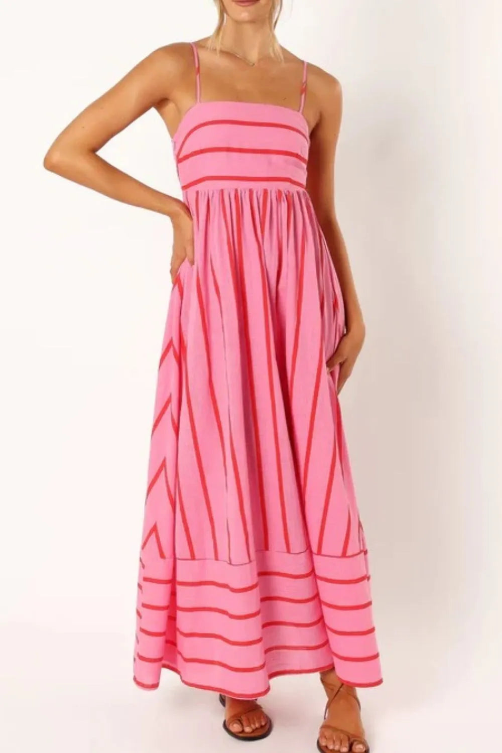 pink striped square neck cami dress with thin straps empire waist gathered maxi skirt with side pockets