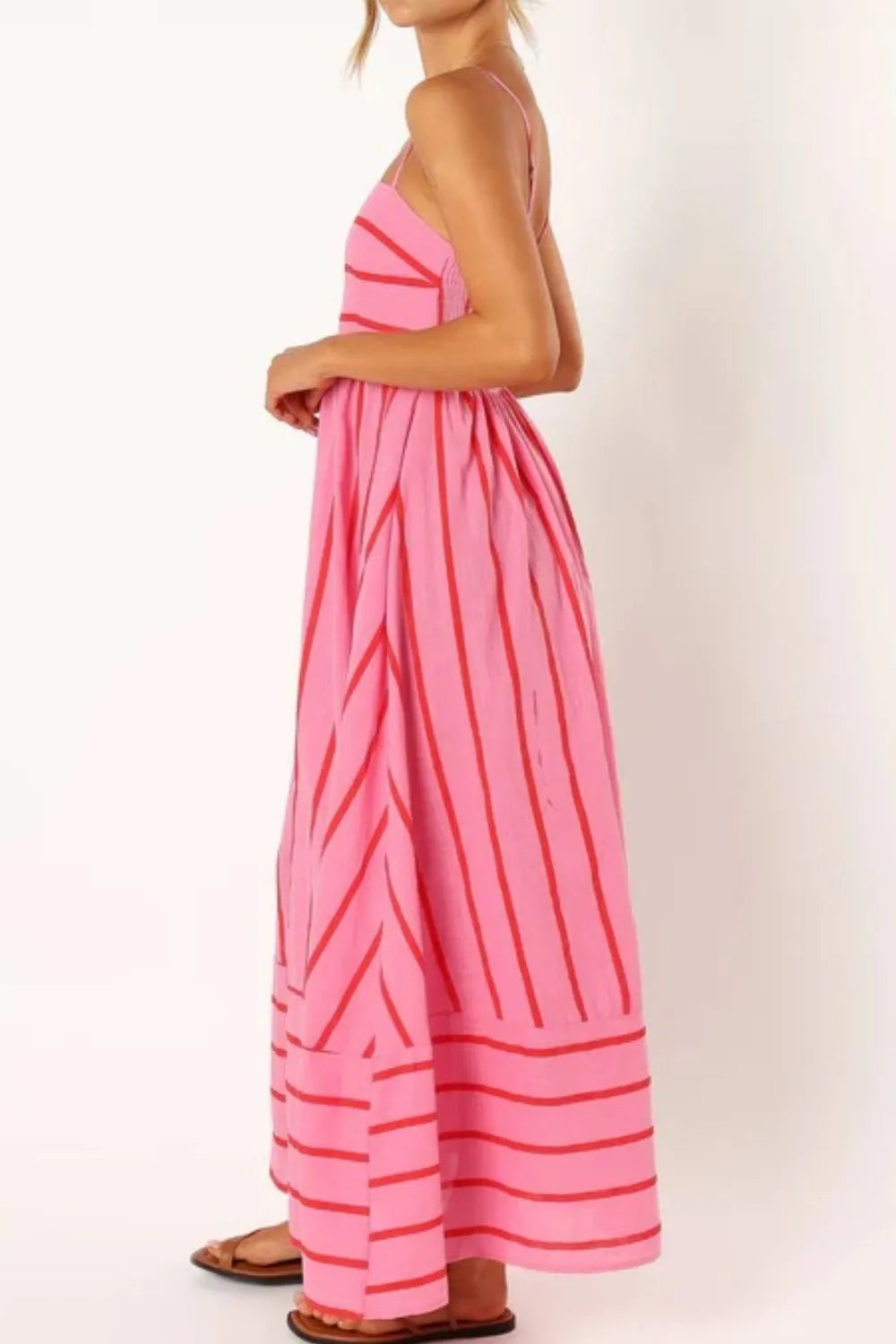pink and fuchsia striped square neck cami dress full length flowy maxi with spaghetti straps and side view