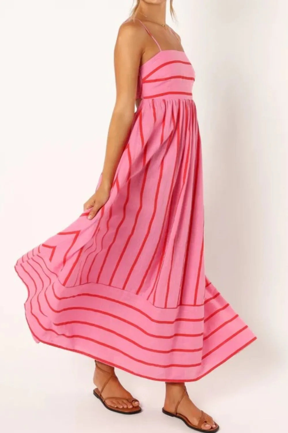 pink and red maxi striped square neck cami dress with spaghetti straps and flowing skirt