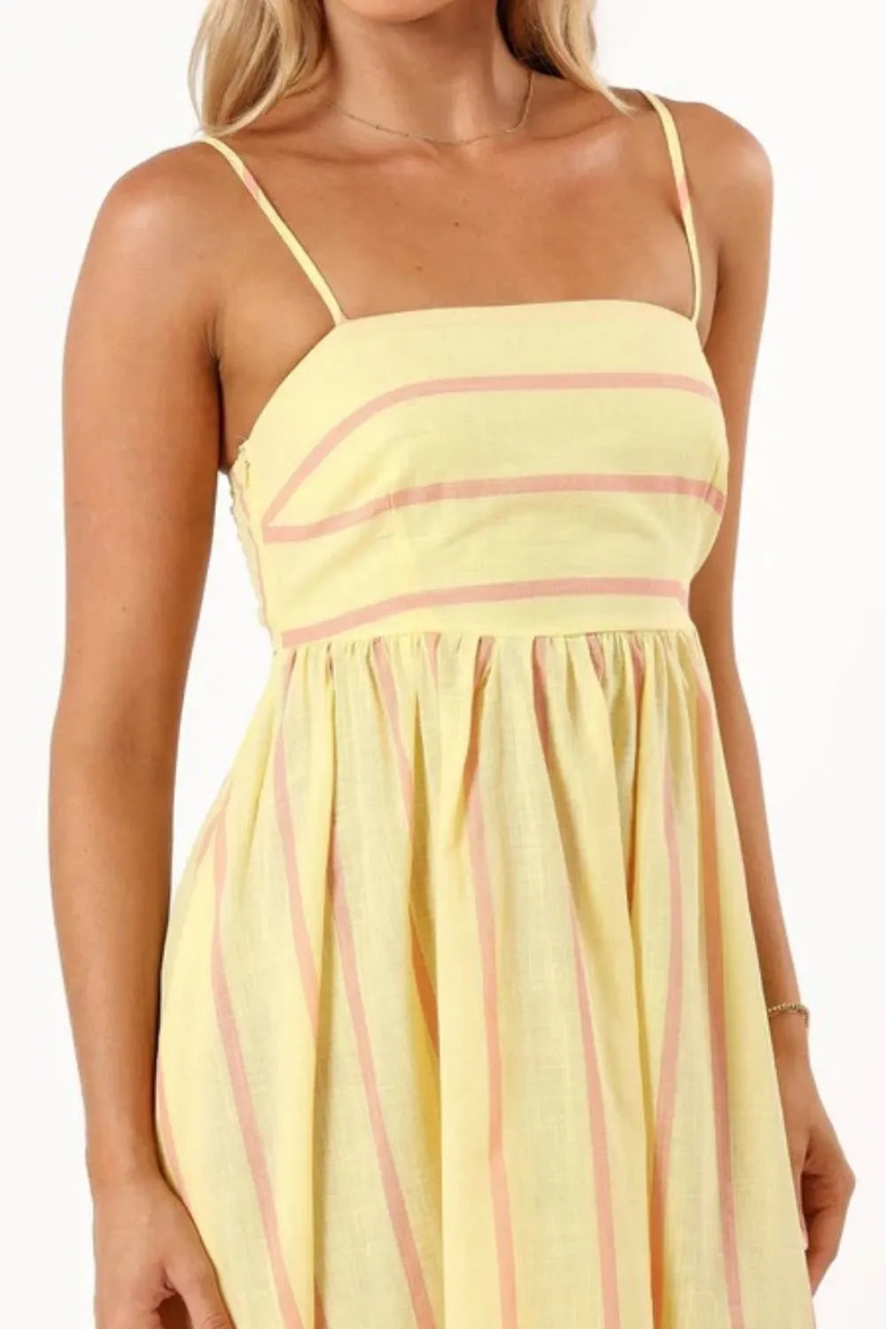 yellow and pink striped square neck cami dress with spaghetti straps gathered waist summer sundress