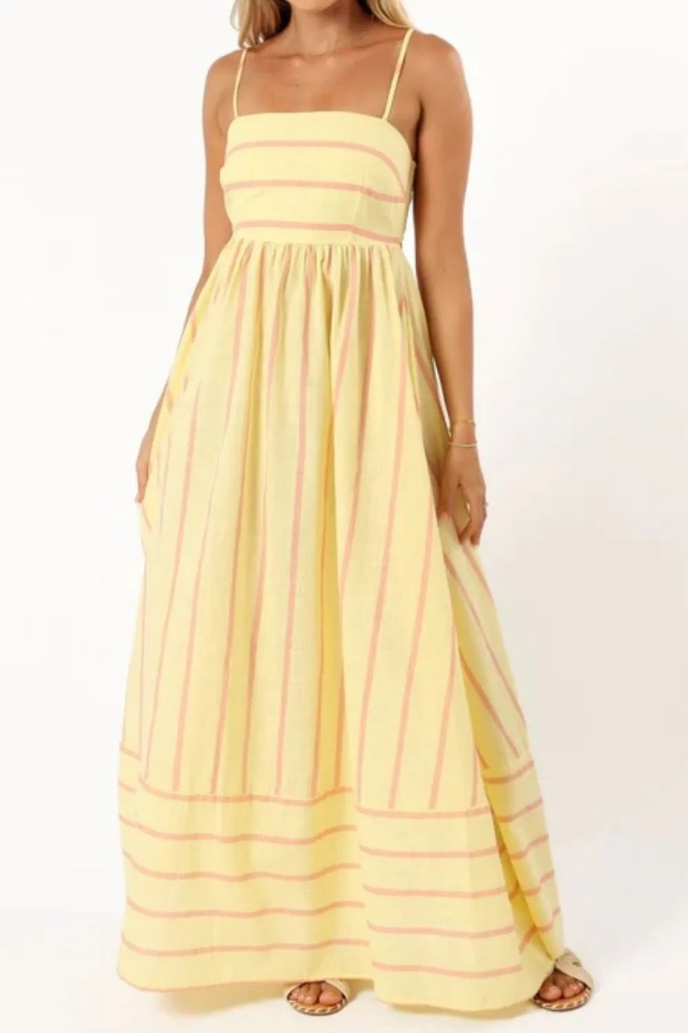 Yellow and pink striped square neck cami dress maxi with thin straps gathered waist and side pockets