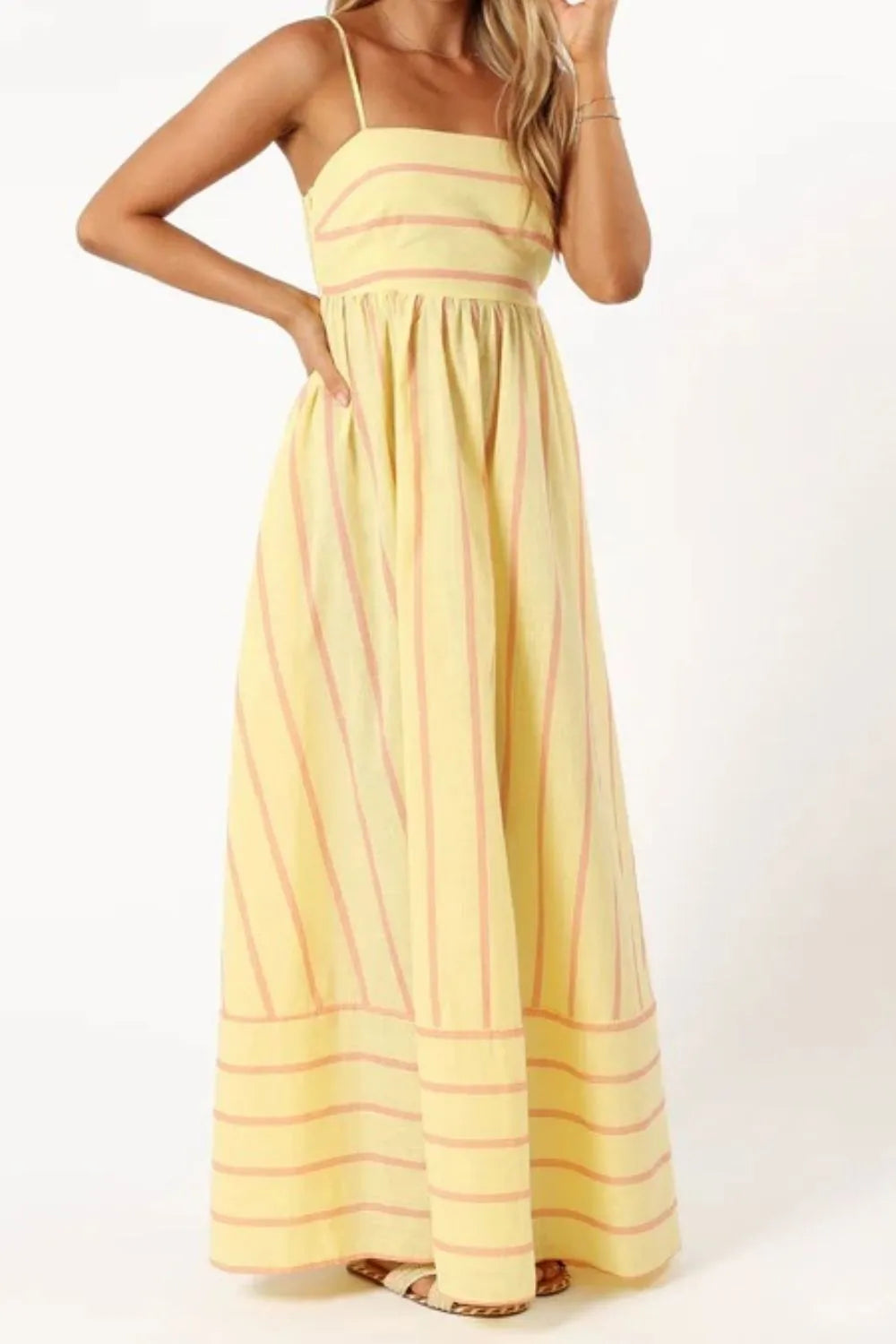 Yellow and pink striped square neck cami dress maxi with spaghetti straps and gathered waist for summer