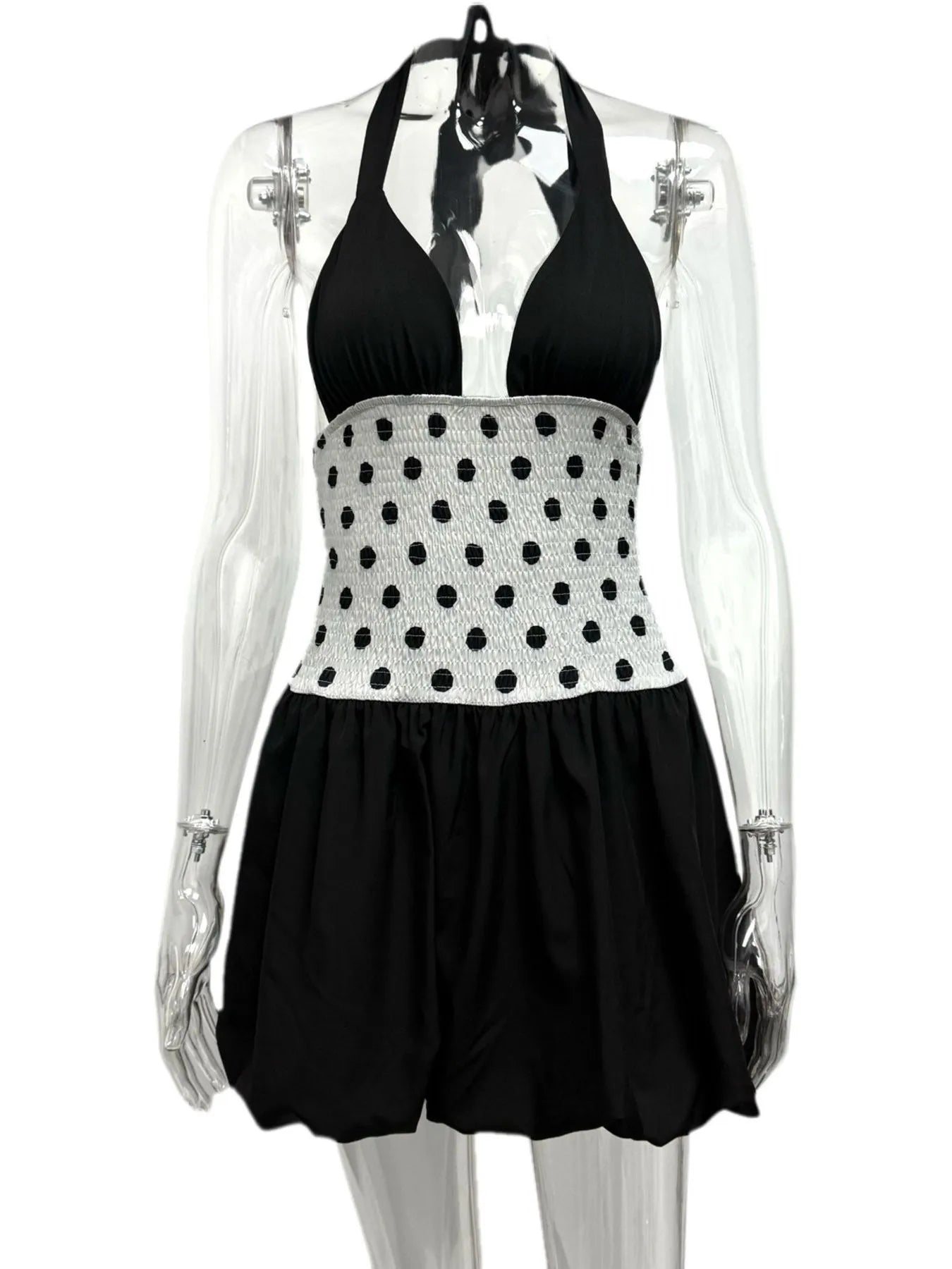 polka dot halter mini dress black halter top smocked polka dot waist and bubble skirt