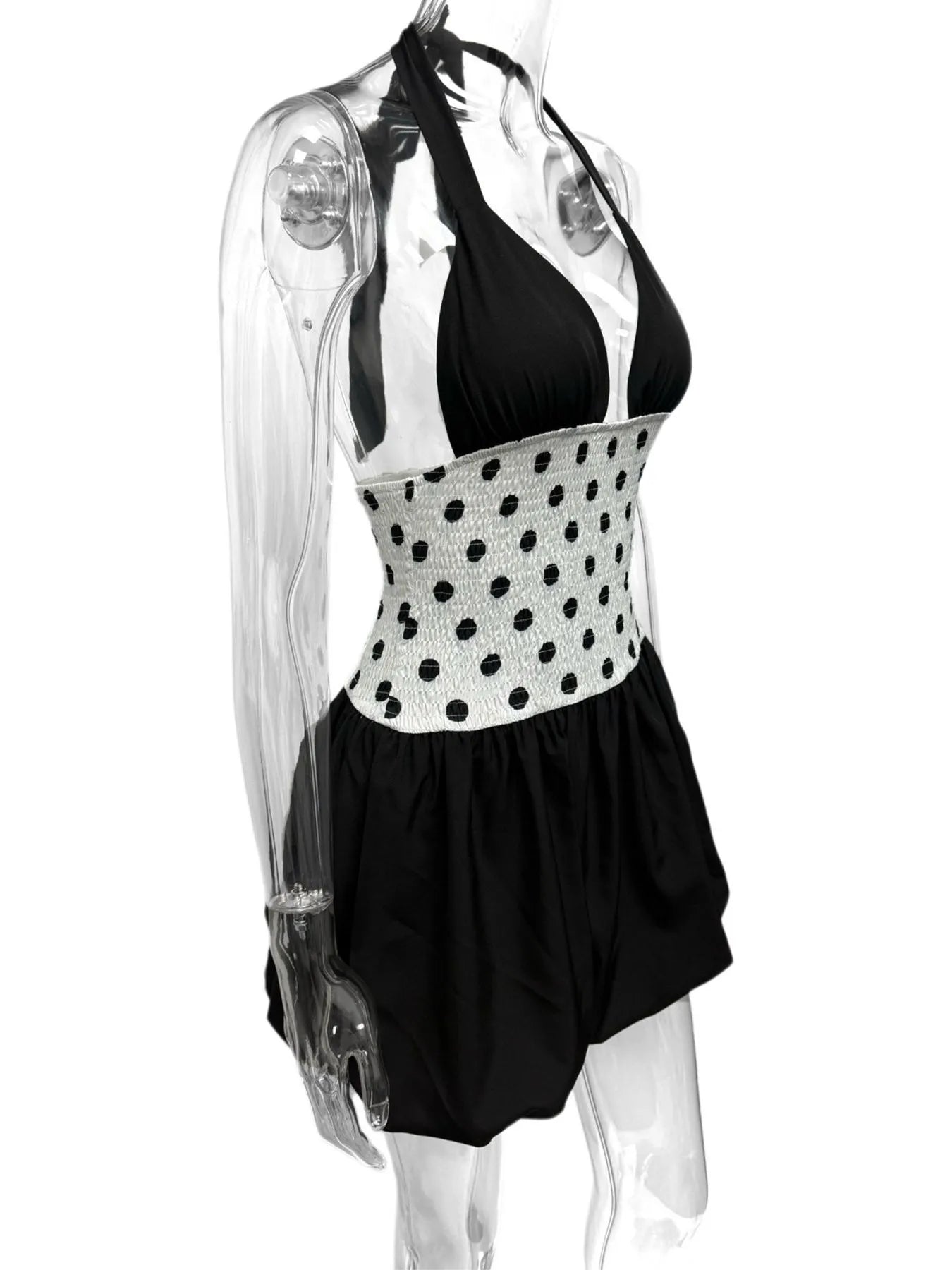 polka dot halter mini dress black with white polka dot waist panel and halter neckline