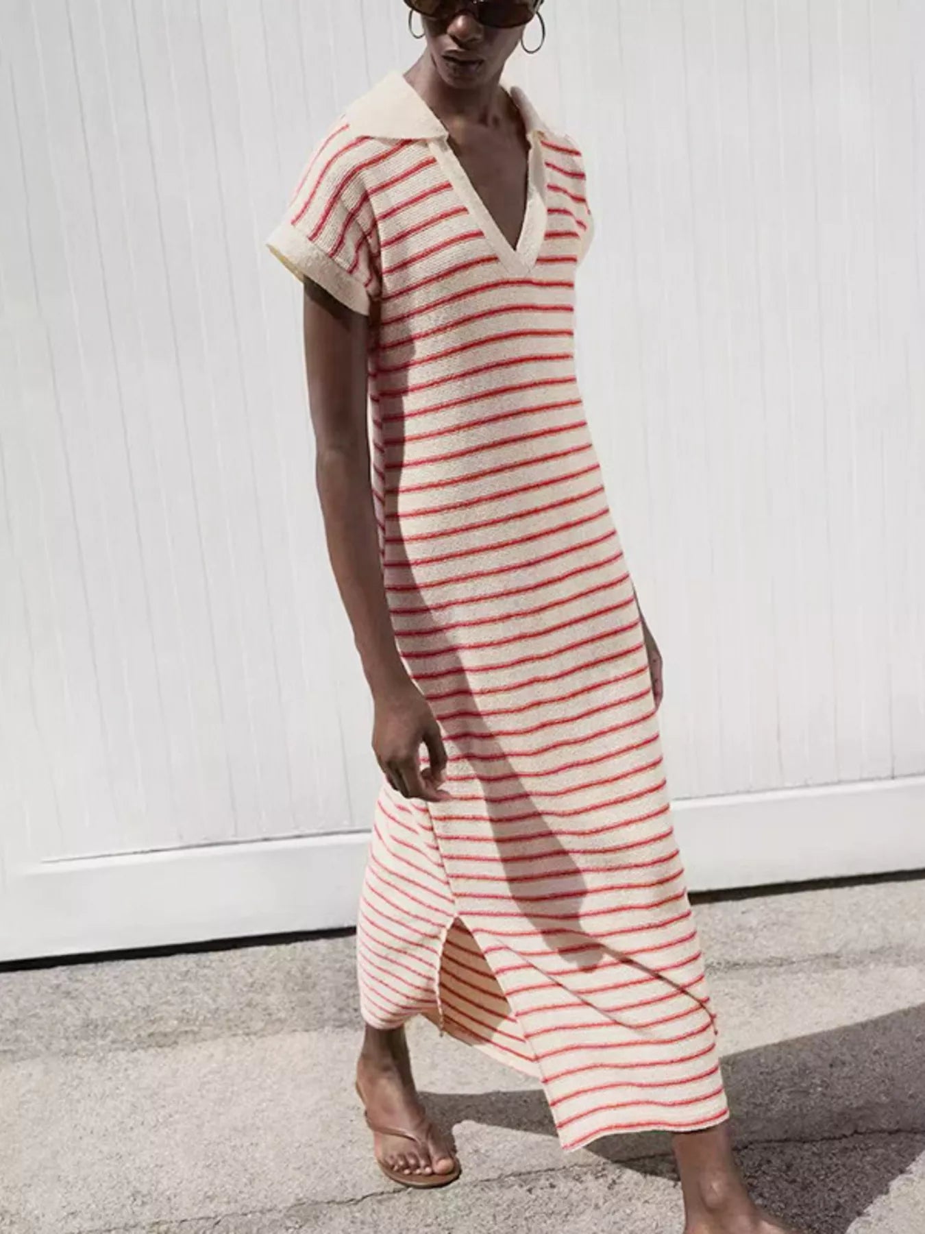 collared knit striped maxi dress for women in cream with red stripes and side slit