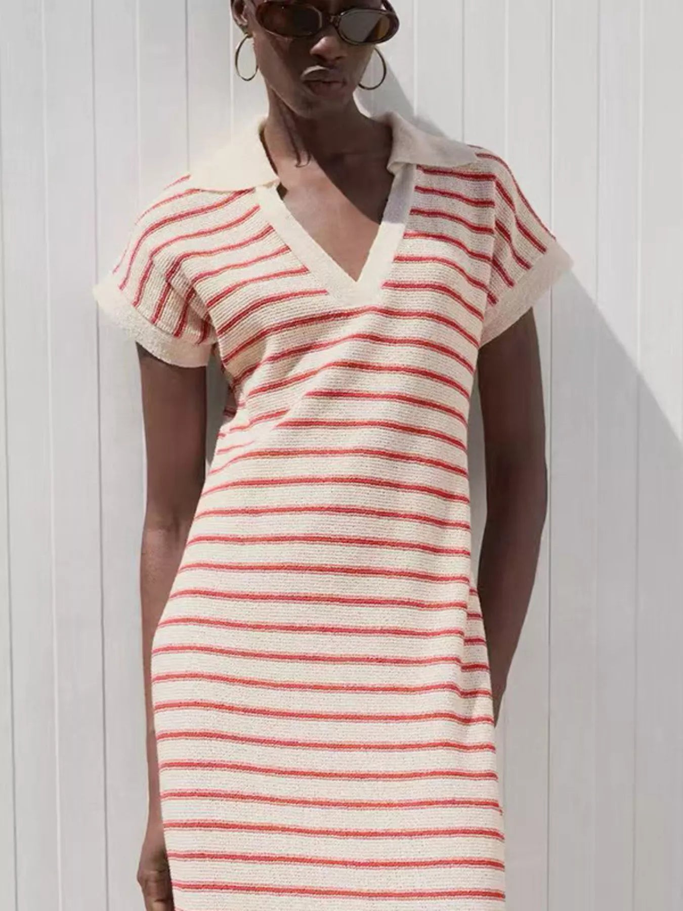 striped maxi dress for women cream with red horizontal stripes collared V neck short sleeves knit