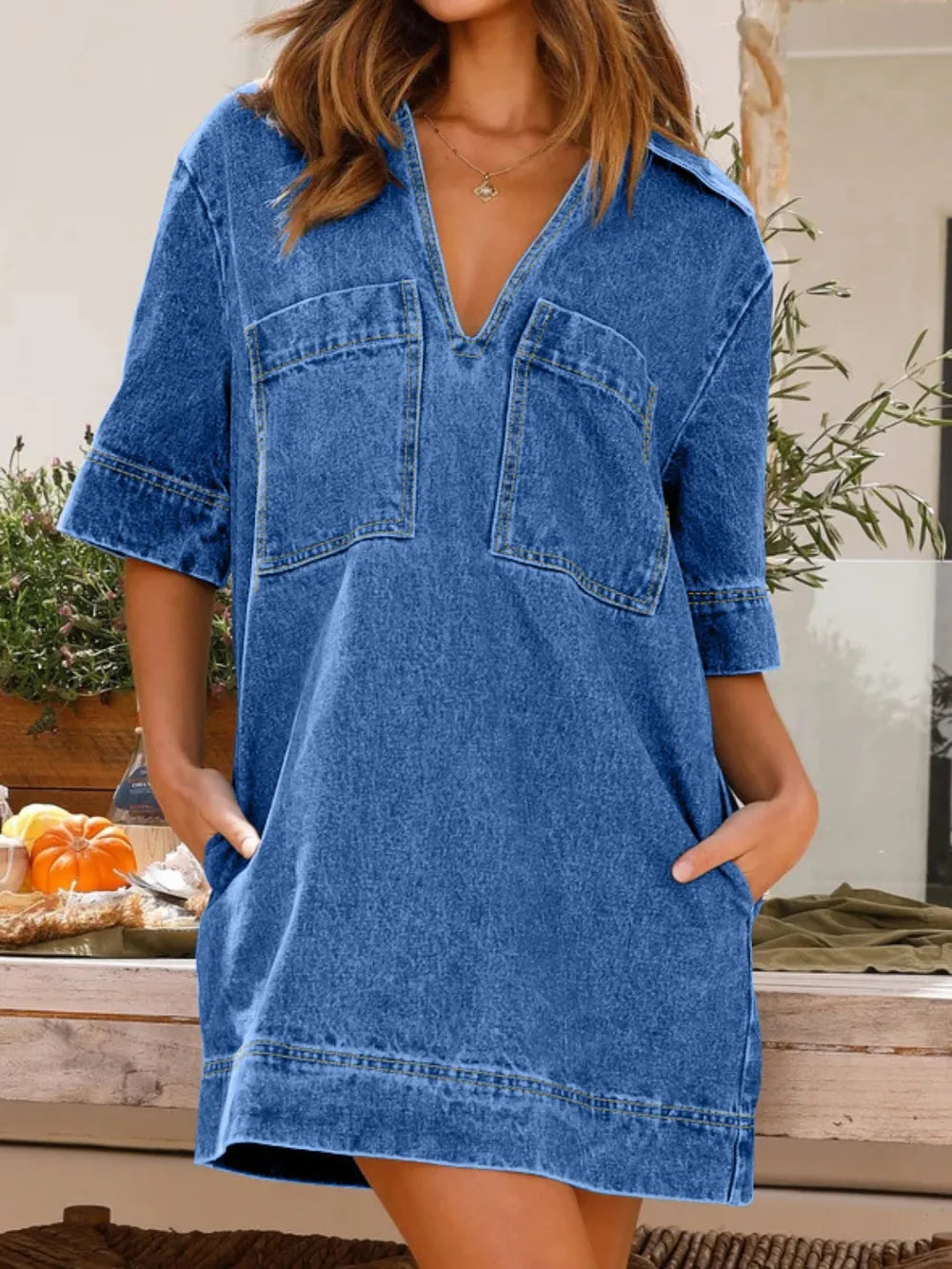 Johnny collar denim dress short blue denim shift with V neck chest pockets and side pockets
